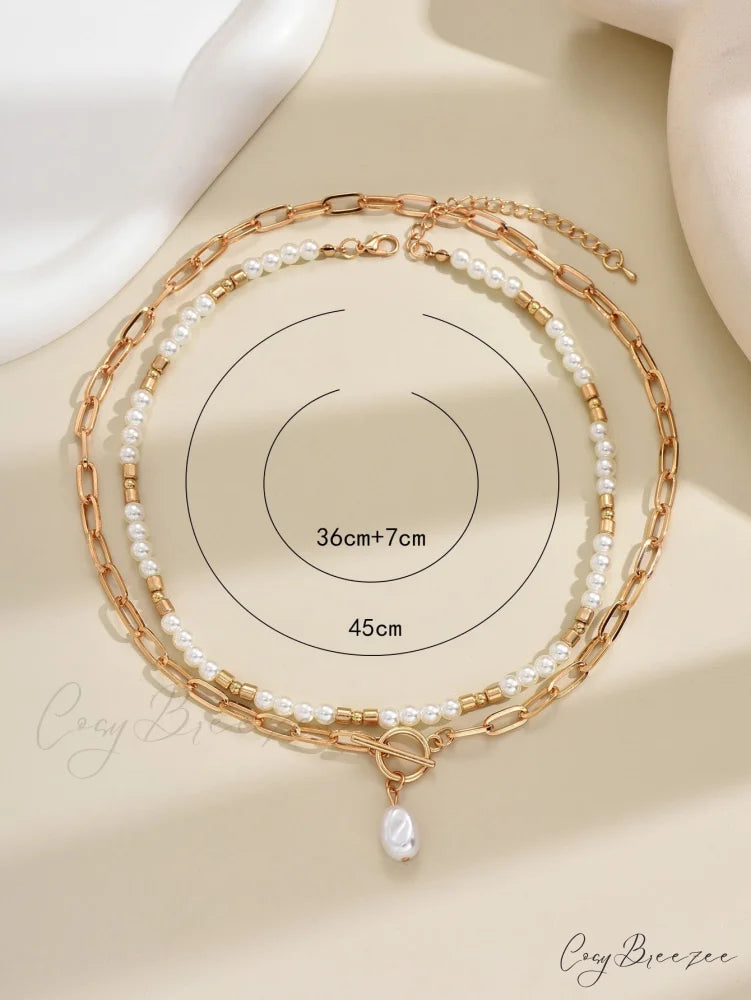 2pcs Faux Pearl Charm OT Buckle Necklace