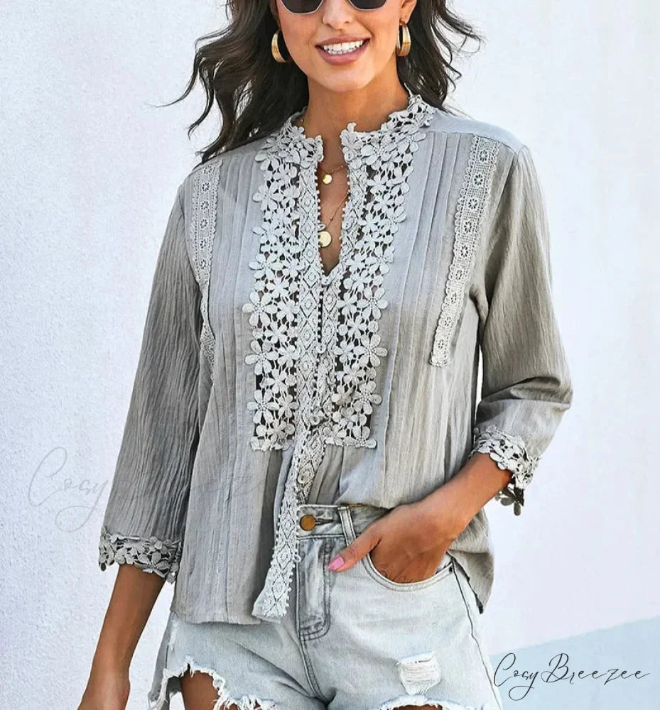 3/4 Sleeve Cotton Button V-Neck Vintage Boho Blouse bohoblouse-250126