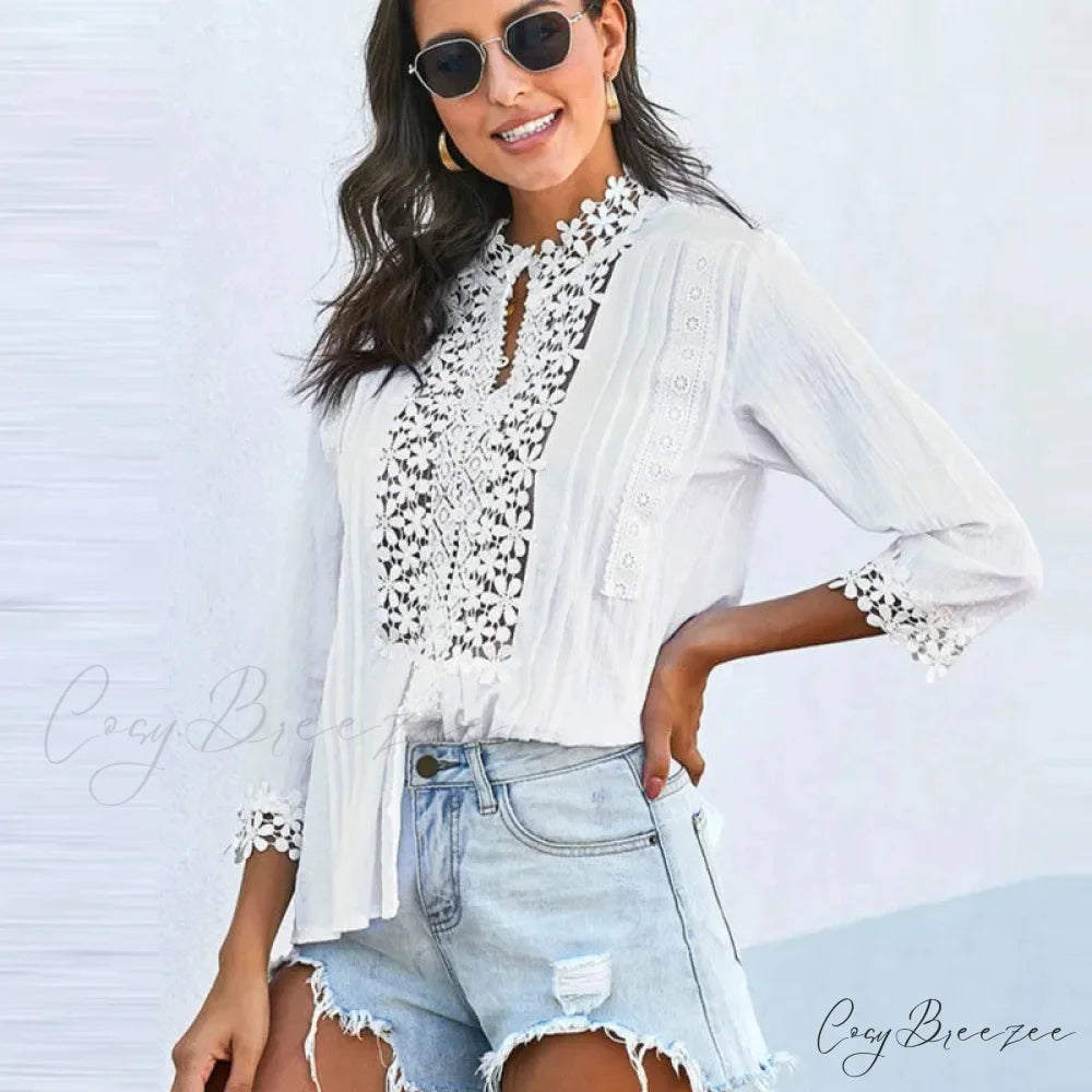 3/4 Sleeve Cotton Button V-Neck Vintage Boho Blouse bohoblouse-250126