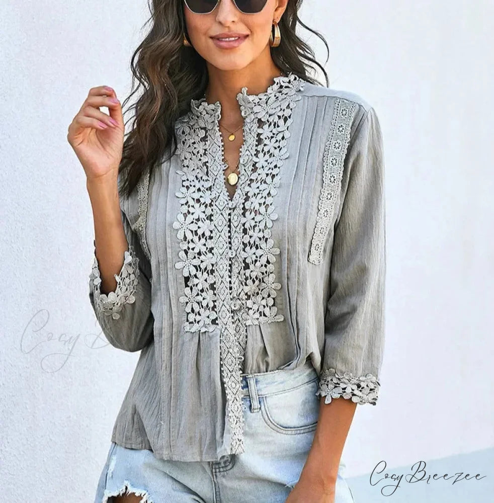 3/4 Sleeve Cotton Button V-Neck Vintage Boho Blouse GRAY / S bohoblouse-250126