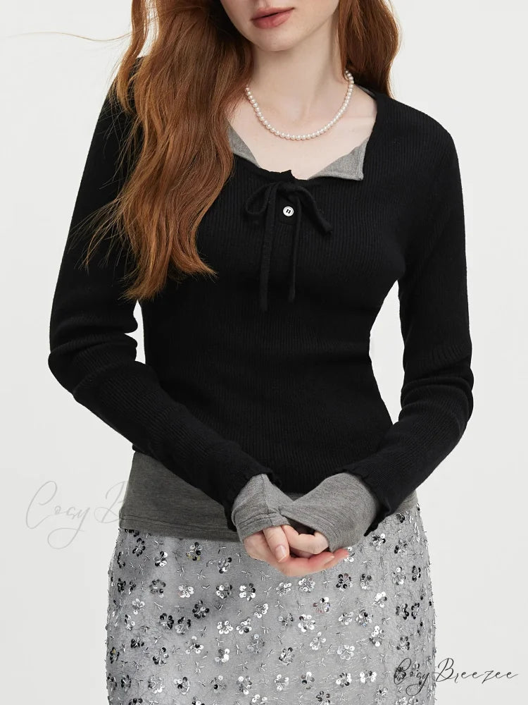 3.9% Wool U-neck Lace-Up Slim Sweater Black / XS swraters-241228