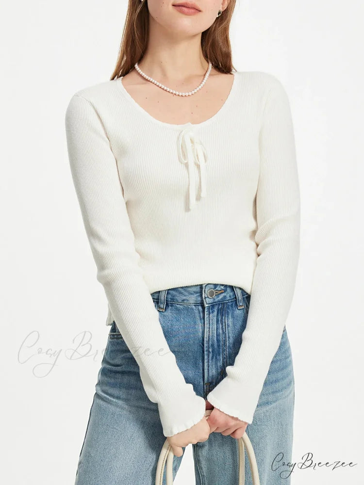 3.9% Wool U-neck Lace-Up Slim Sweater swraters-241228