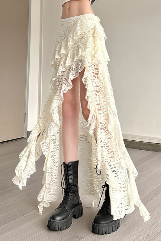Wavy Lace Ruffle Trim Skirt