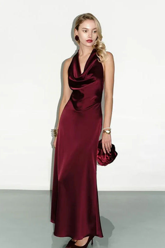 Satin Cowl Neck Halter Backless Slim Maxi Dress