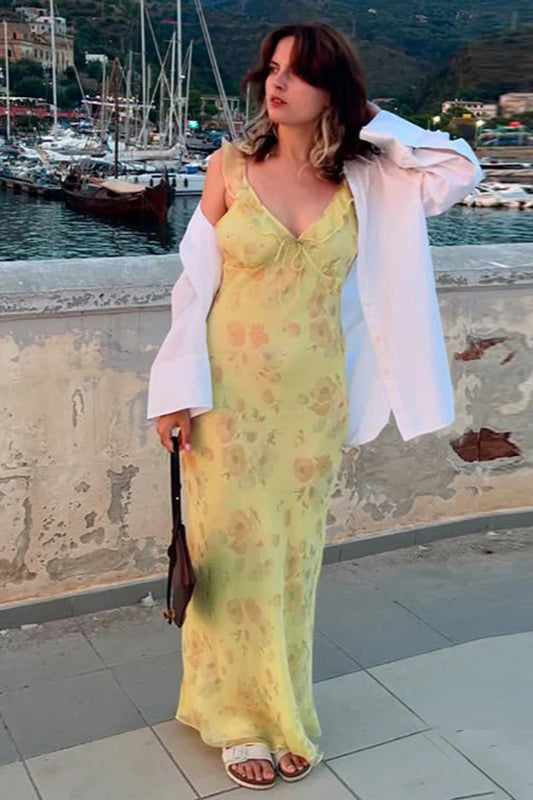 Floral Ruffle Strap Ruffled Sleeve Maxi Dress