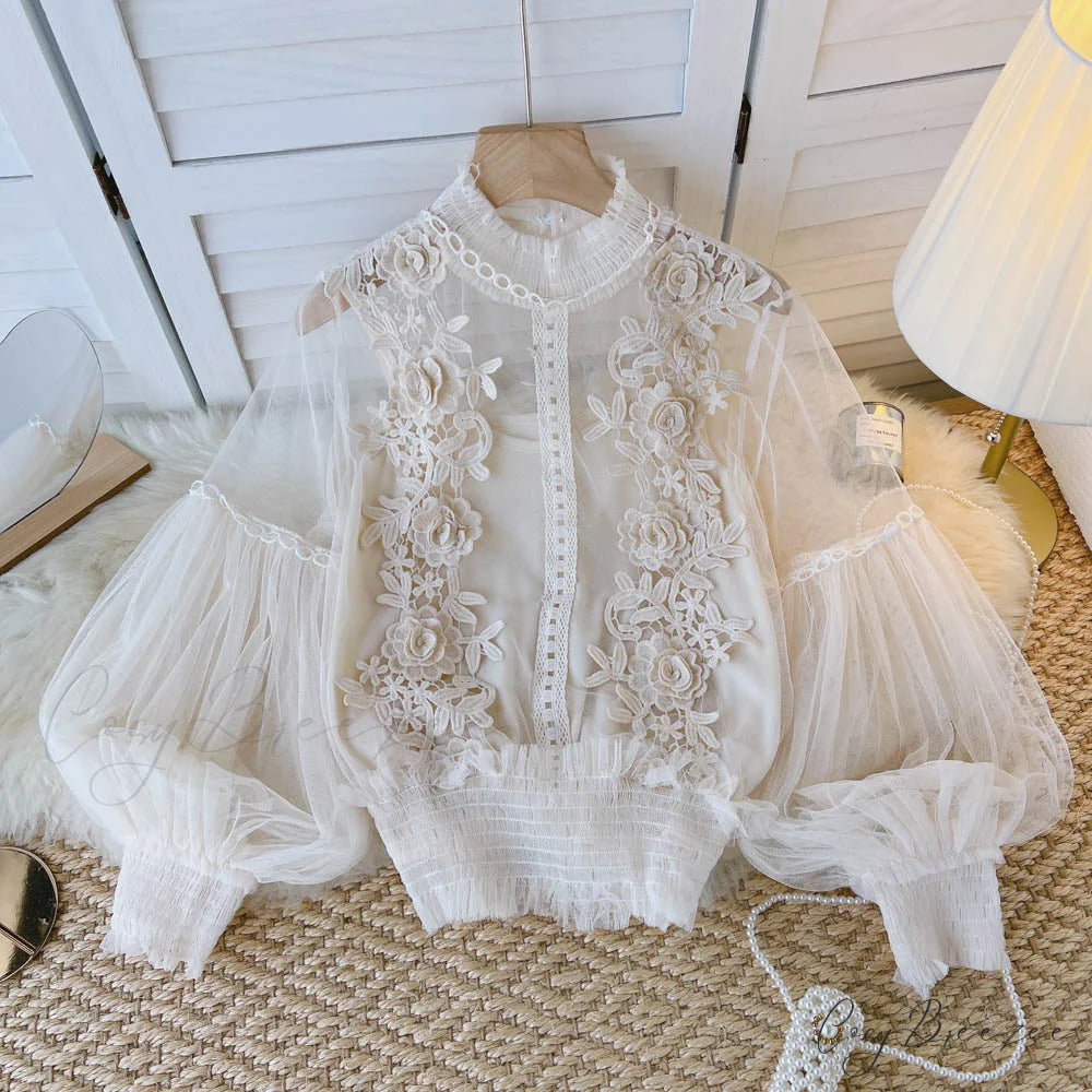 3D Blouse Top Lace Mesh Shirts Spring Lantern Elegant Arm Blusas Women Sheer Flowered Femininas apricot / One Size