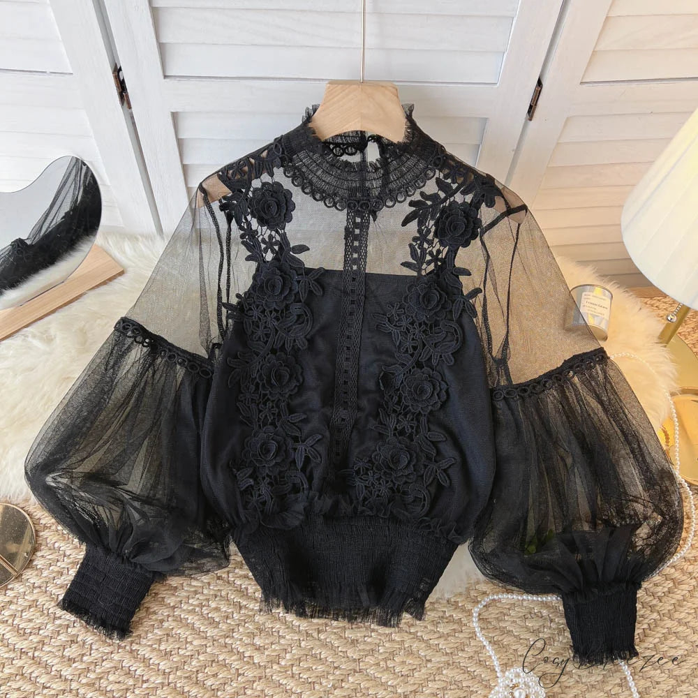 3D Blouse Top Lace Mesh Shirts Spring Lantern Elegant Arm Blusas Women Sheer Flowered Femininas Black / One Size