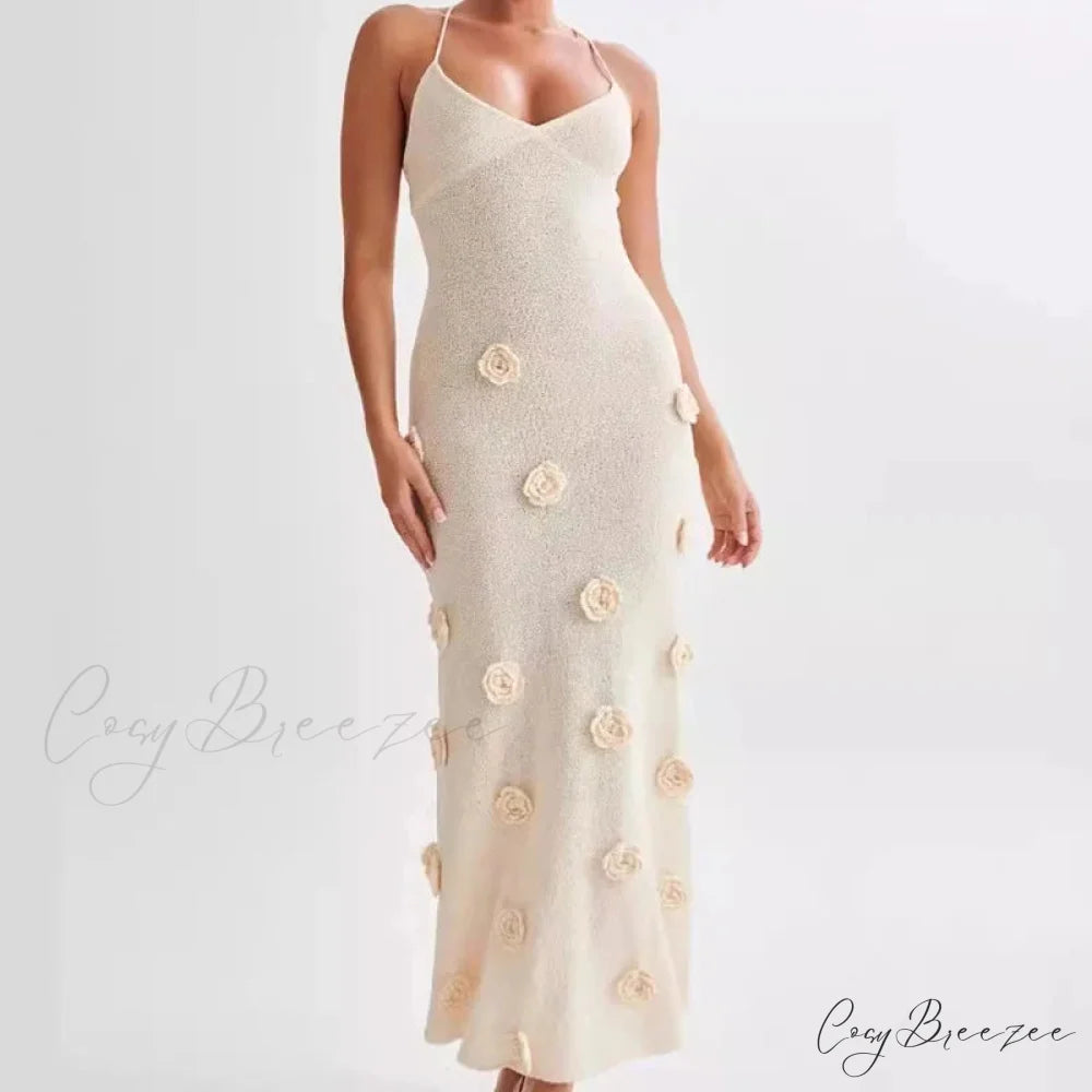 3D Floral V-neck Backless Lace-up Maxi Dress Apricot 01 / S floraldress-250126
