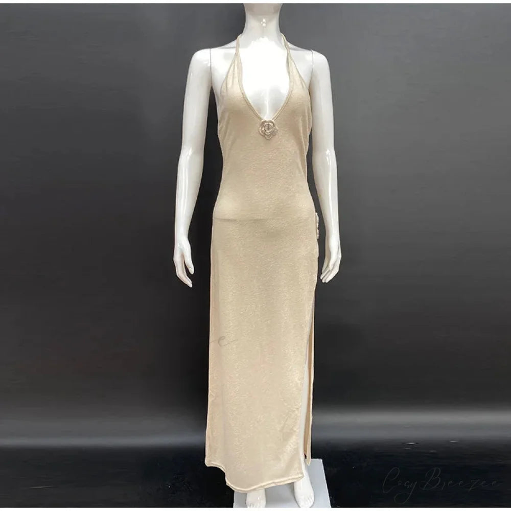 3D Floral V-neck Backless Lace-up Maxi Dress Apricot 02 / S floraldress-250126