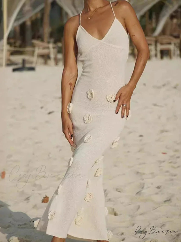 3D Floral V-neck Backless Lace-up Maxi Dress floraldress-250126