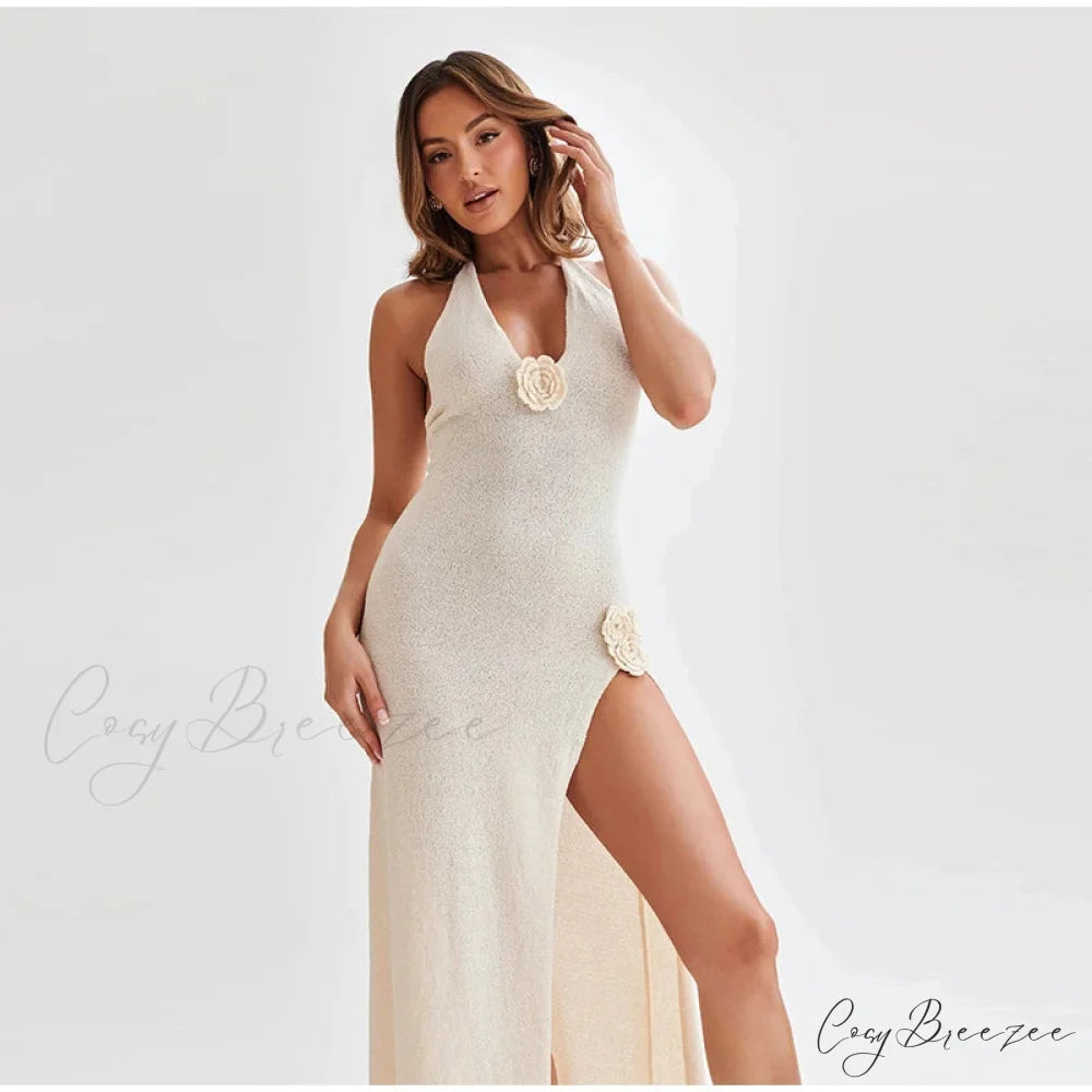 3D Floral V-neck Backless Lace-up Maxi Dress White 02 / S floraldress-250126