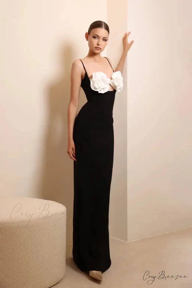 3D Flower Halter Long Party Dress Black / XS