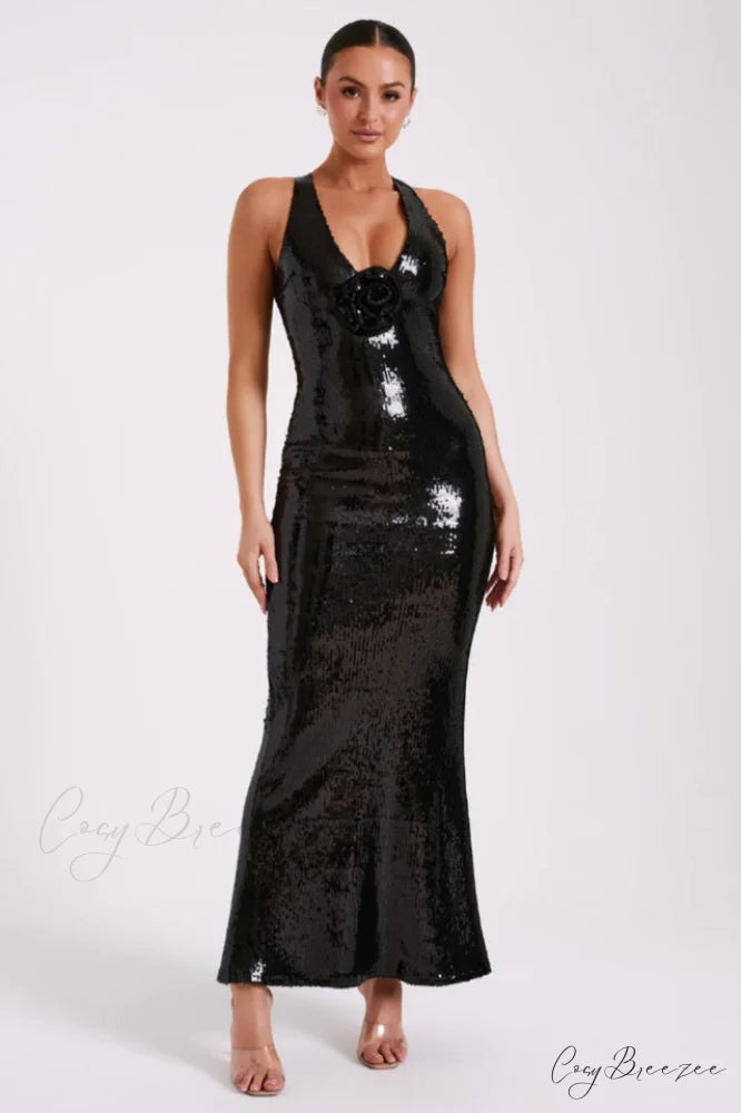 3D Flower Stylish Black Sequin Gown XS / Black