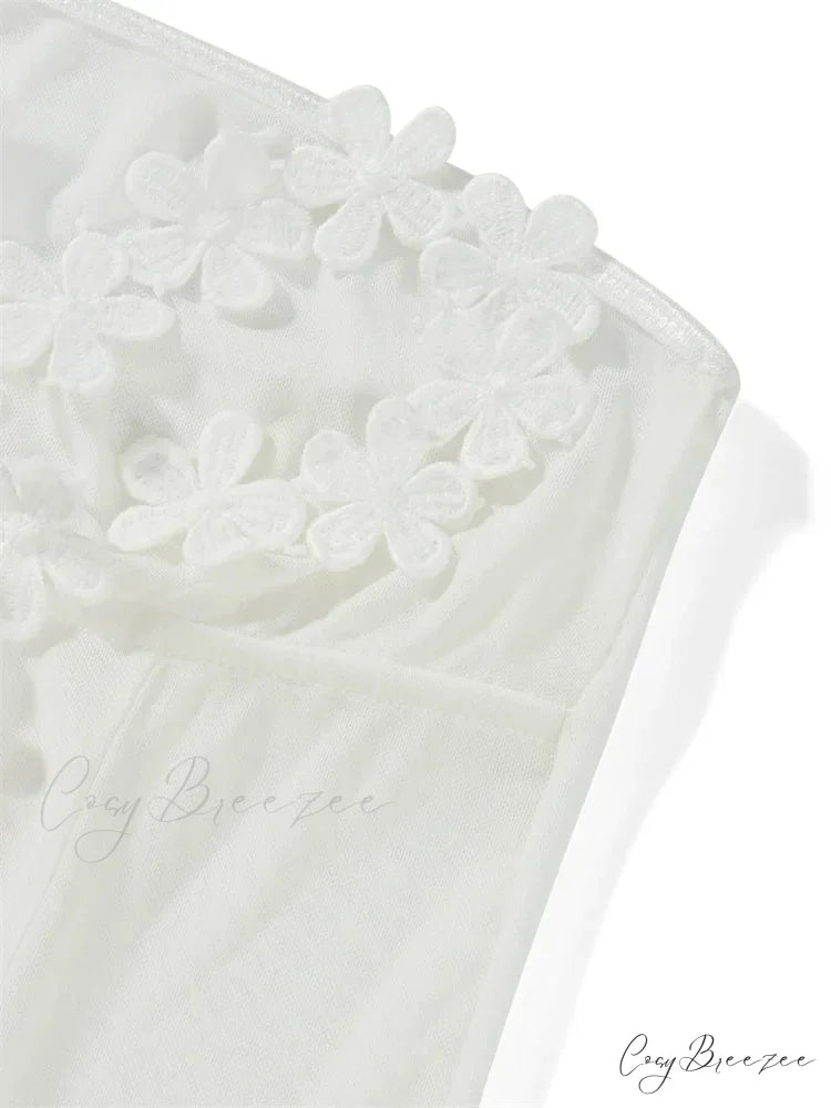 3D Flowers Patchwork Tube for Women Strapless Off Shoulder Mesh Sheer See Through Summer Vestidos