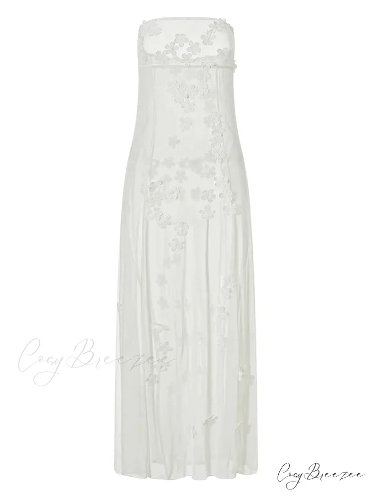 3D Flowers Patchwork Tube for Women Strapless Off Shoulder Mesh Sheer See Through Summer Vestidos