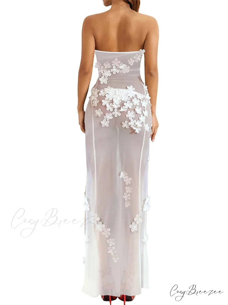 3D Flowers Patchwork Tube for Women Strapless Off Shoulder Mesh Sheer See Through Summer Vestidos