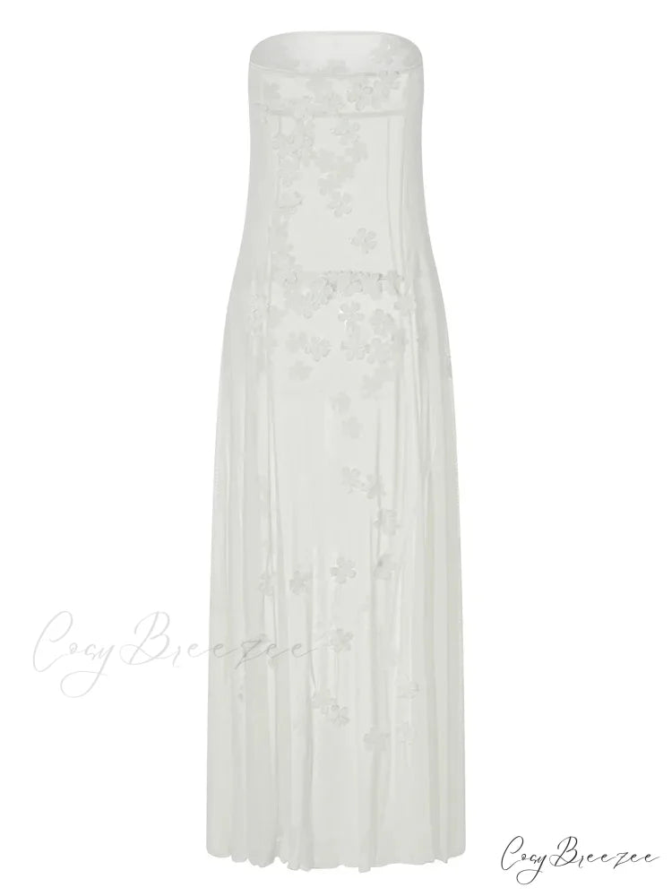 3D Flowers Patchwork Tube for Women Strapless Off Shoulder Mesh Sheer See Through Summer Vestidos