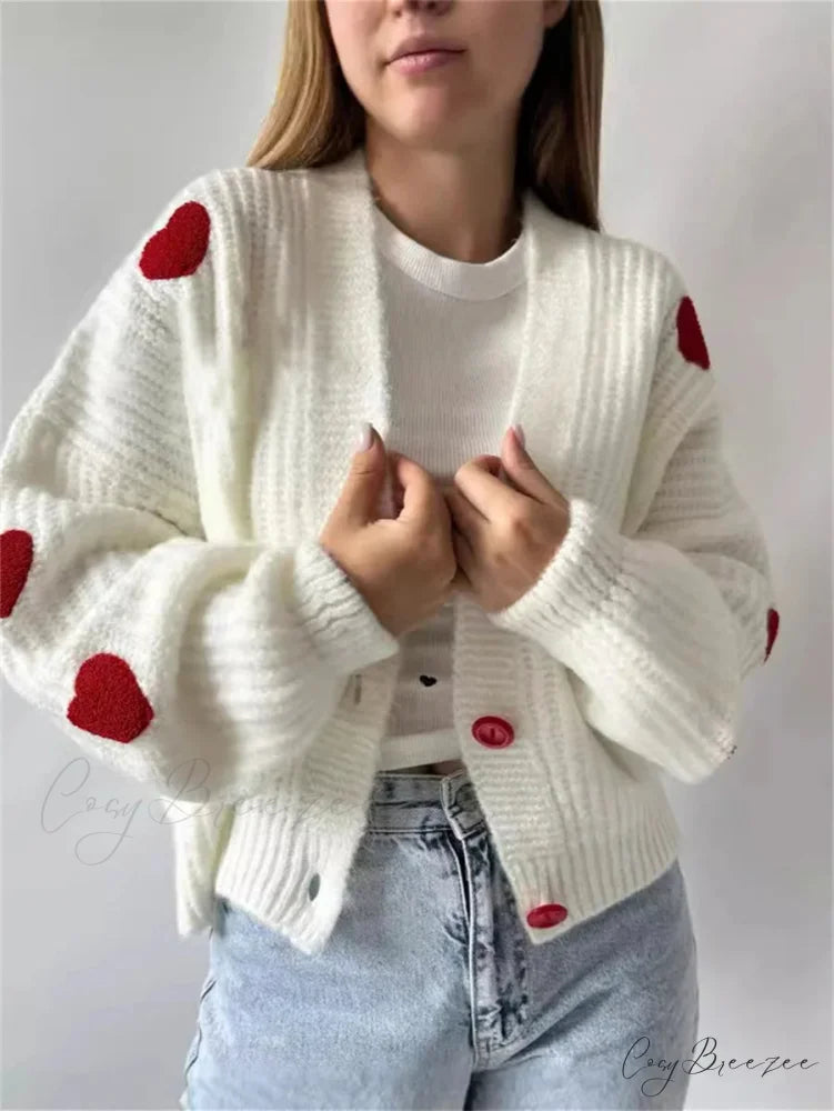 3D Heart Patchwork Valentines Day Cardigan Ivory / S cardiagn-250126