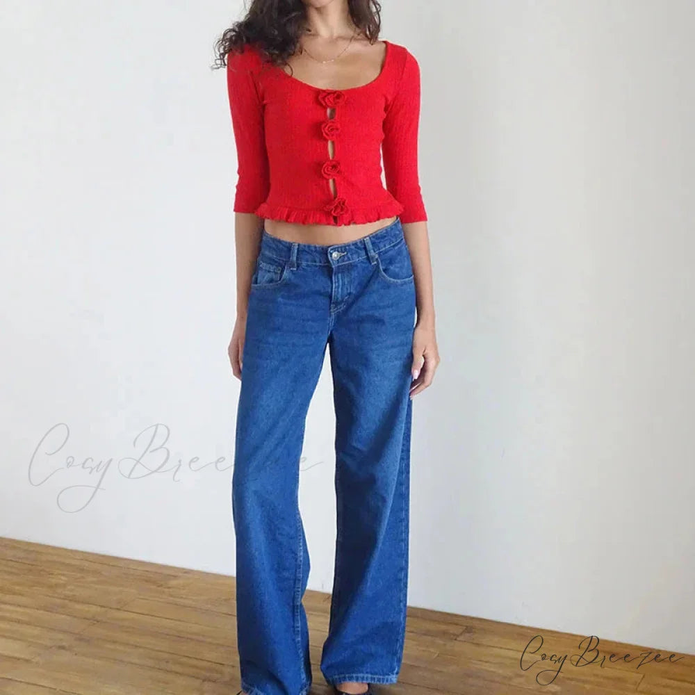 3D Rosette Front Hollow Out Vintage Half Sleeve Elegant Lady Slim Fit Y2K Crop Top croptop-250126