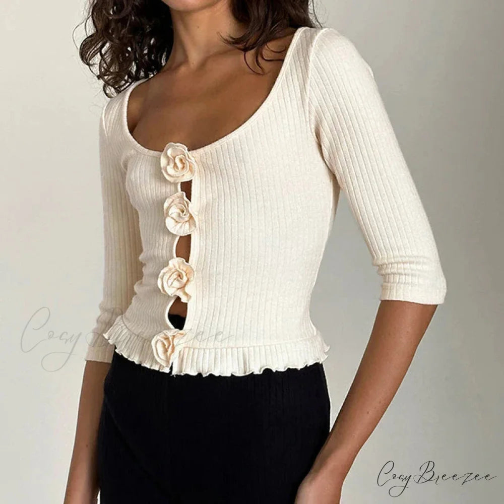 3D Rosette Front Hollow Out Vintage Half Sleeve Elegant Lady Slim Fit Y2K Crop Top WHITE / S croptop-250126