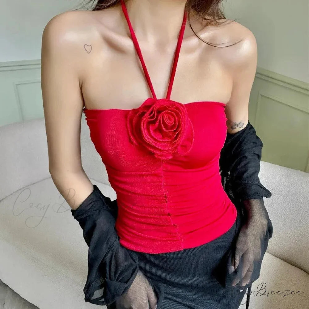 3D Rosette Halter Crop Top croptop-250223