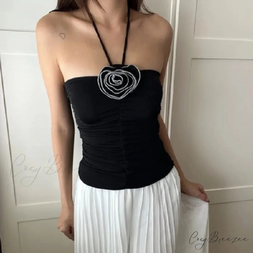 3D Rosette Halter Crop Top croptop-250223