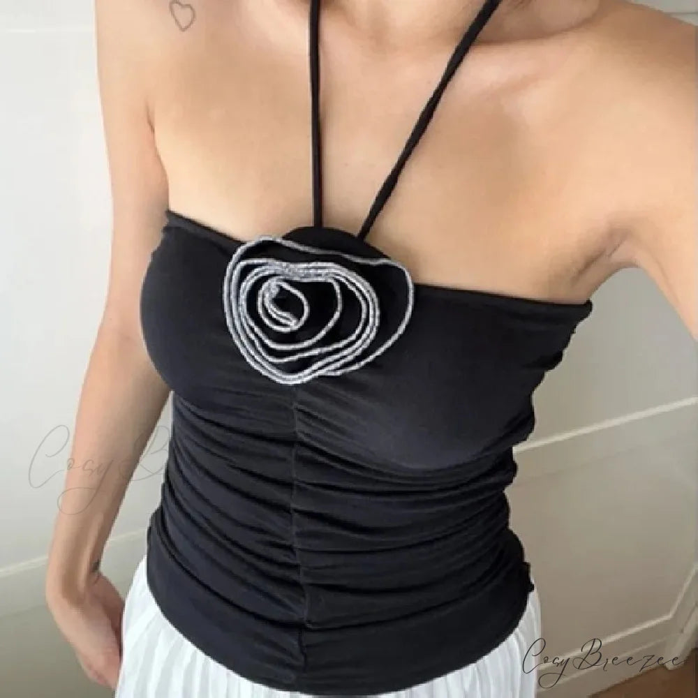 3D Rosette Halter Crop Top croptop-250223