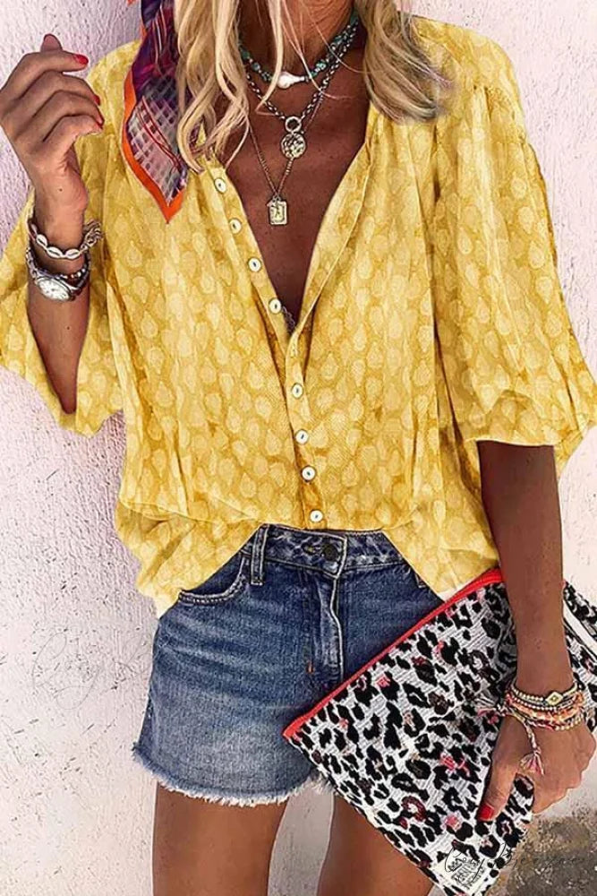 4 Button Loose Blouse - Color Solid Colors Yellow / S