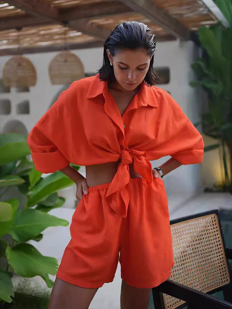 Long Sleeve Shirt Shorts Set Blouse