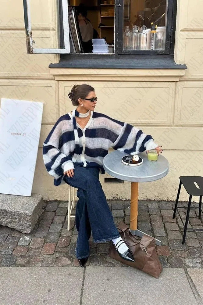 Y2K Striped Loose Cardigan Sweater