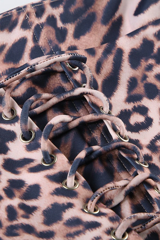 Strapless Leopard Lace Up Crop Top