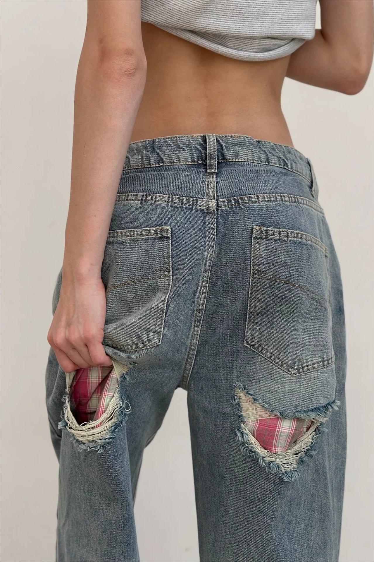Low Rise Distressed Patchwork Jean