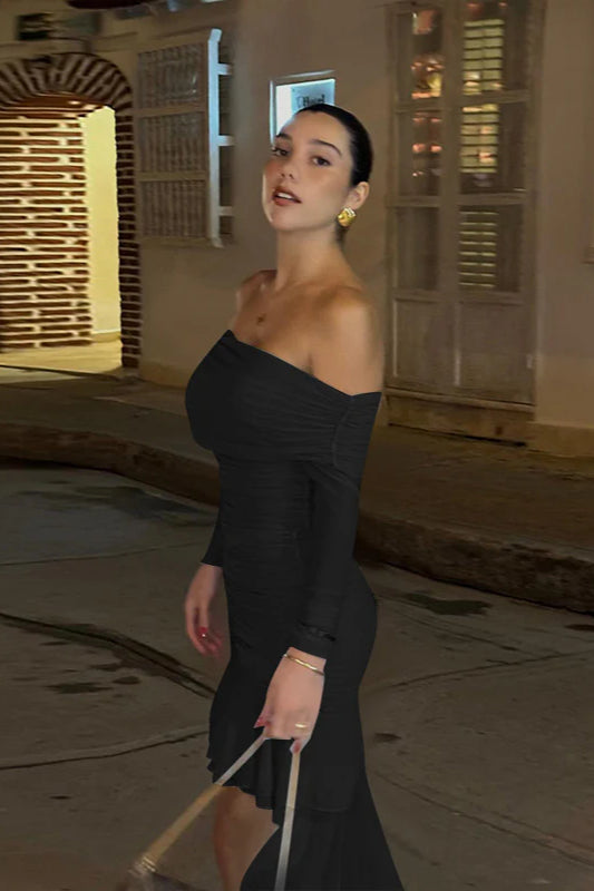 Fall New Slim-Fit Pleated Off-Shoulder Party Dress