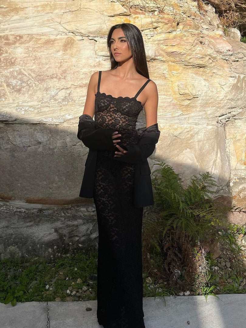 Off-Shoulder Sheer Lace Slim Fit Party Dress