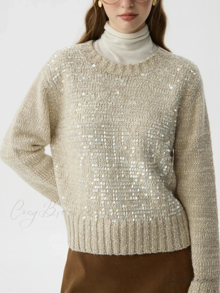 5.9% Sheep Wool Sequined Long Sleeve Sweater Khaki / XS swraters-241228