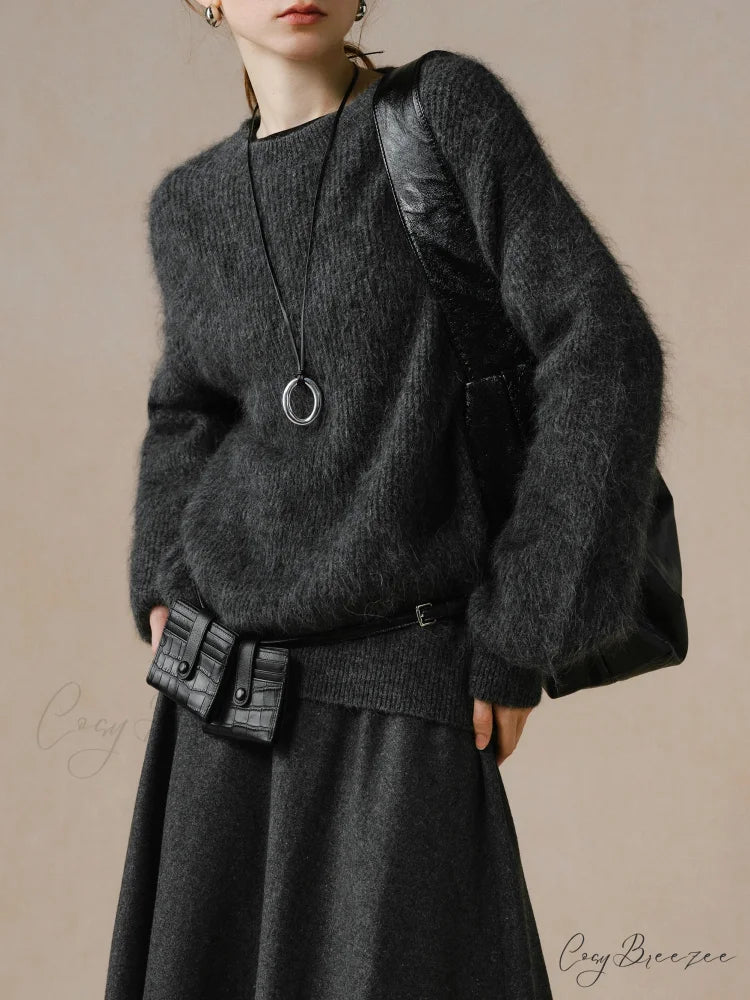 55.8% Alpaca Wool Round Neck Sweater Dark Grey / XS swraters-241228