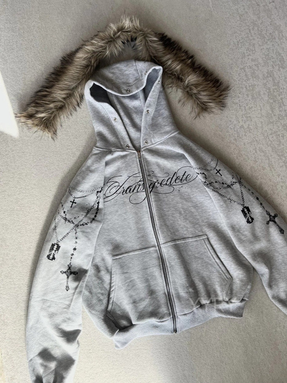 Printed Zipper Detachable Fur Hoodie