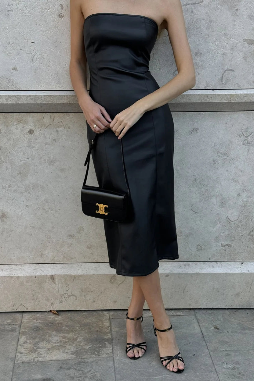 Faux Leather Strapless Bodycon Dress With Split Party Dress
