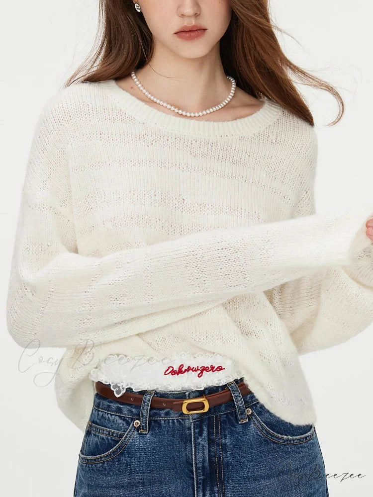 8.7% Wool Round Neck Drop Sleeve Sweater Beige / S swraters-241228