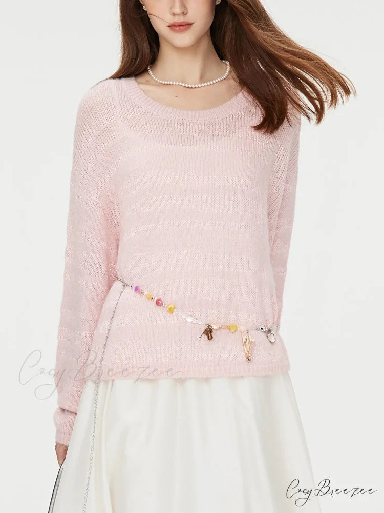 8.7% Wool Round Neck Drop Sleeve Sweater Pink / S swraters-241228