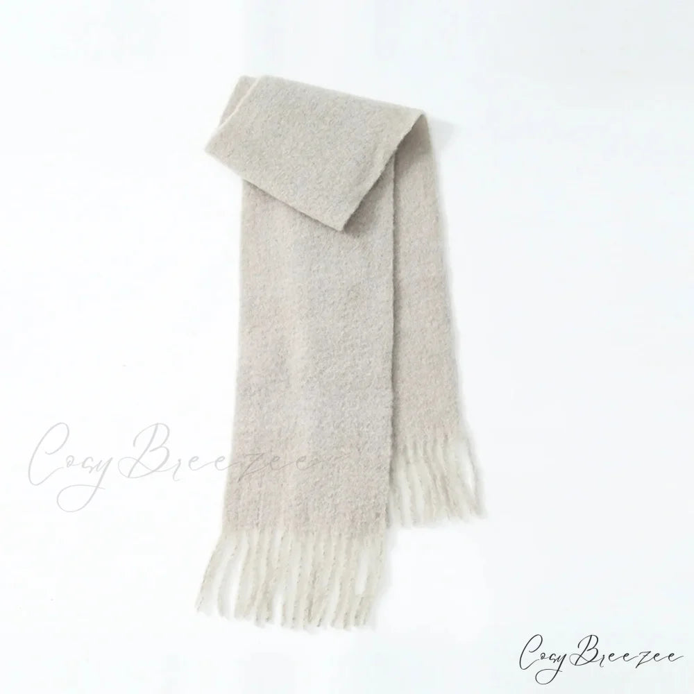 80% Wool Blend Solid Color Tassel Scarf for Women - Autumn Winter Collection Beige