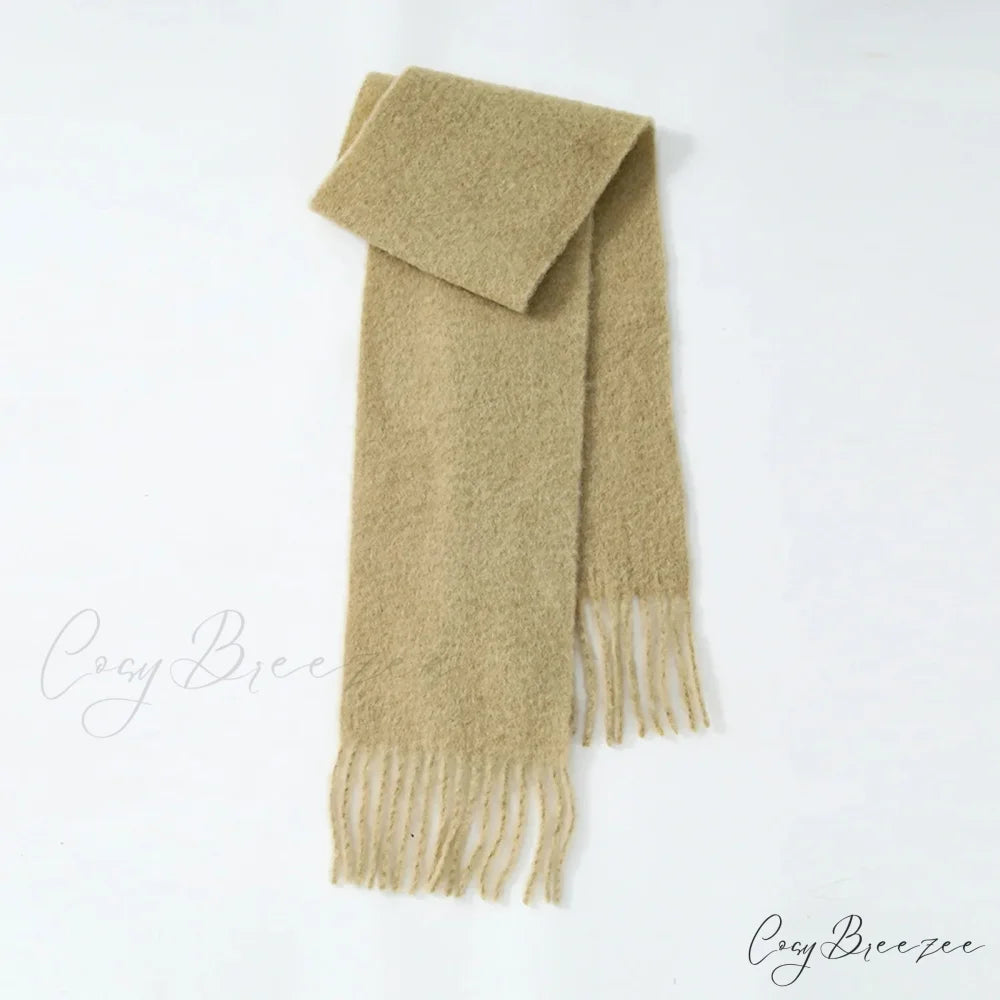 80% Wool Blend Solid Color Tassel Scarf for Women - Autumn Winter Collection Light khaki