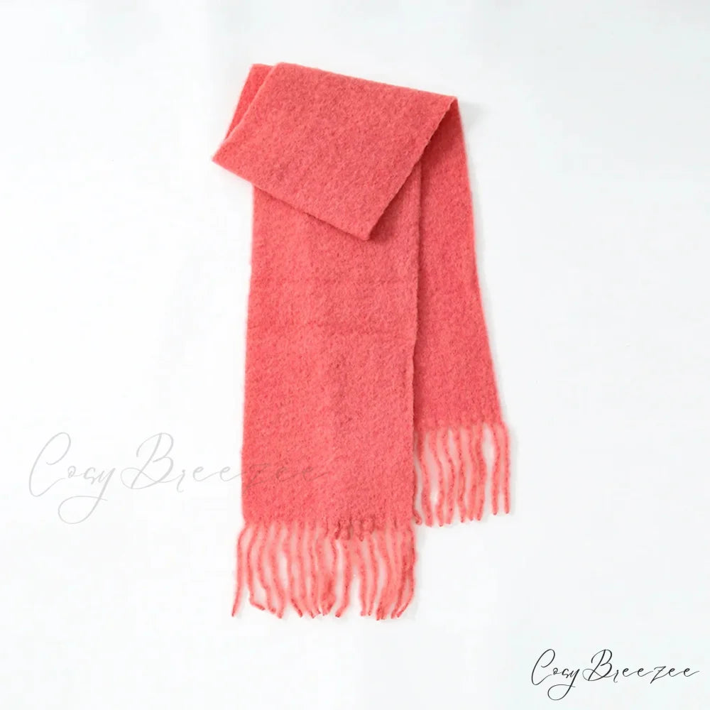 80% Wool Blend Solid Color Tassel Scarf for Women - Autumn Winter Collection Red pink