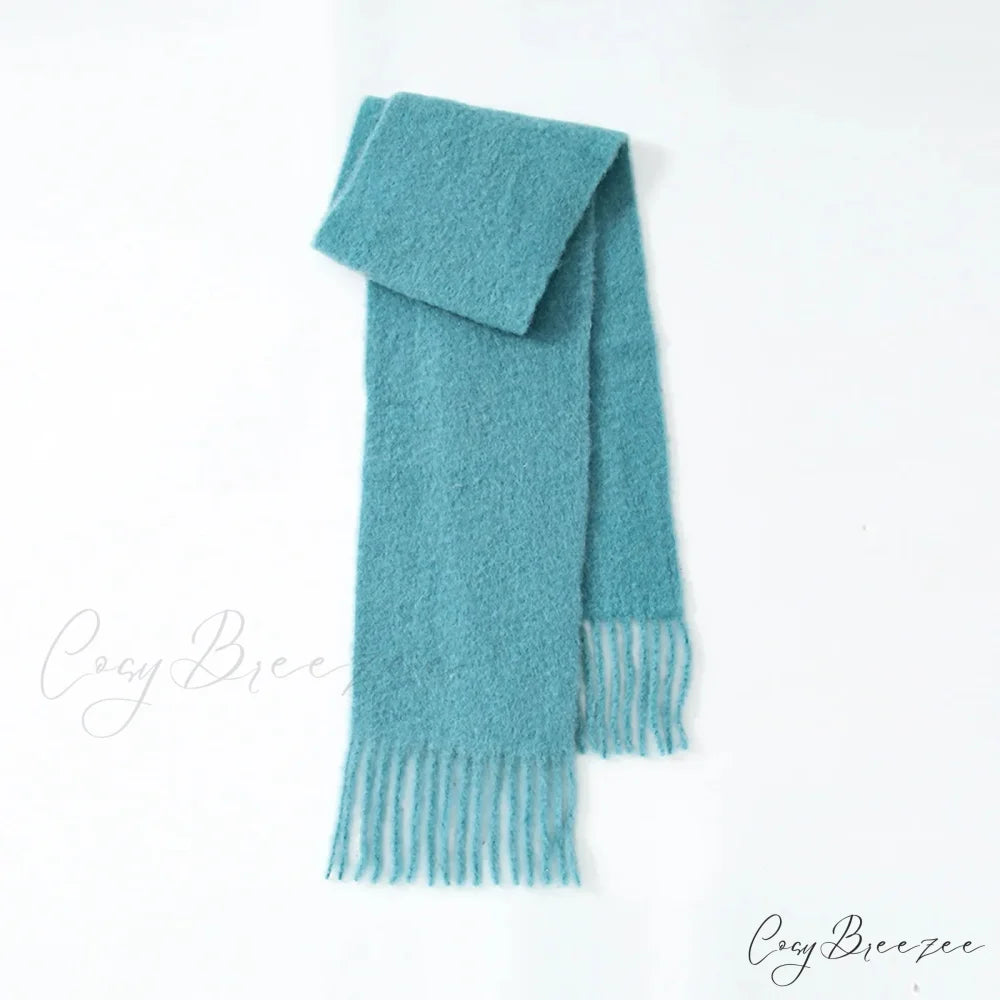 80% Wool Blend Solid Color Tassel Scarf for Women - Autumn Winter Collection Vintage blue