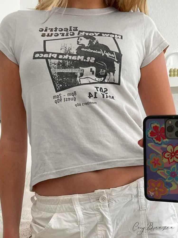 90s Short Sleeve Trendy Crop Blouse - Black White / ONE SIZE