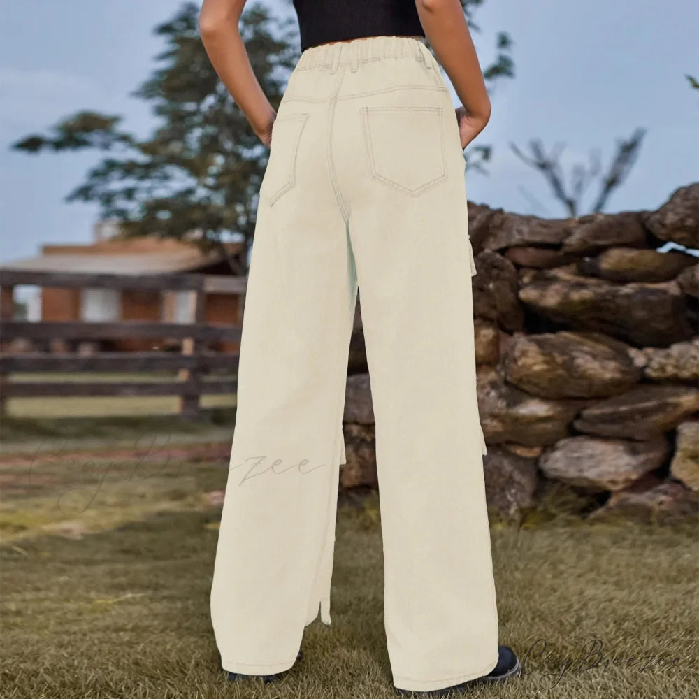 90s Streetwear Blue Cargo Casual Big Pockets Overalls High Waist Straight Denim Jean Khaki / S