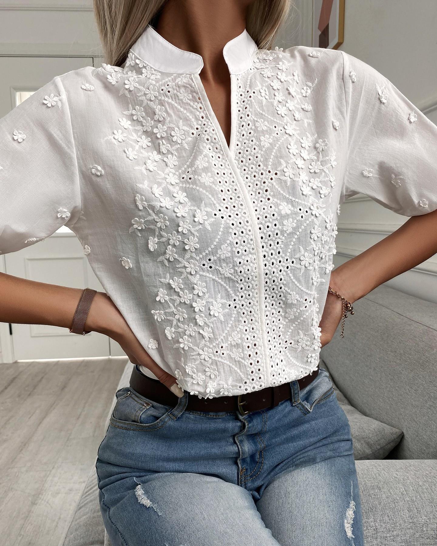Lace Embroidered V-Neck Blouse