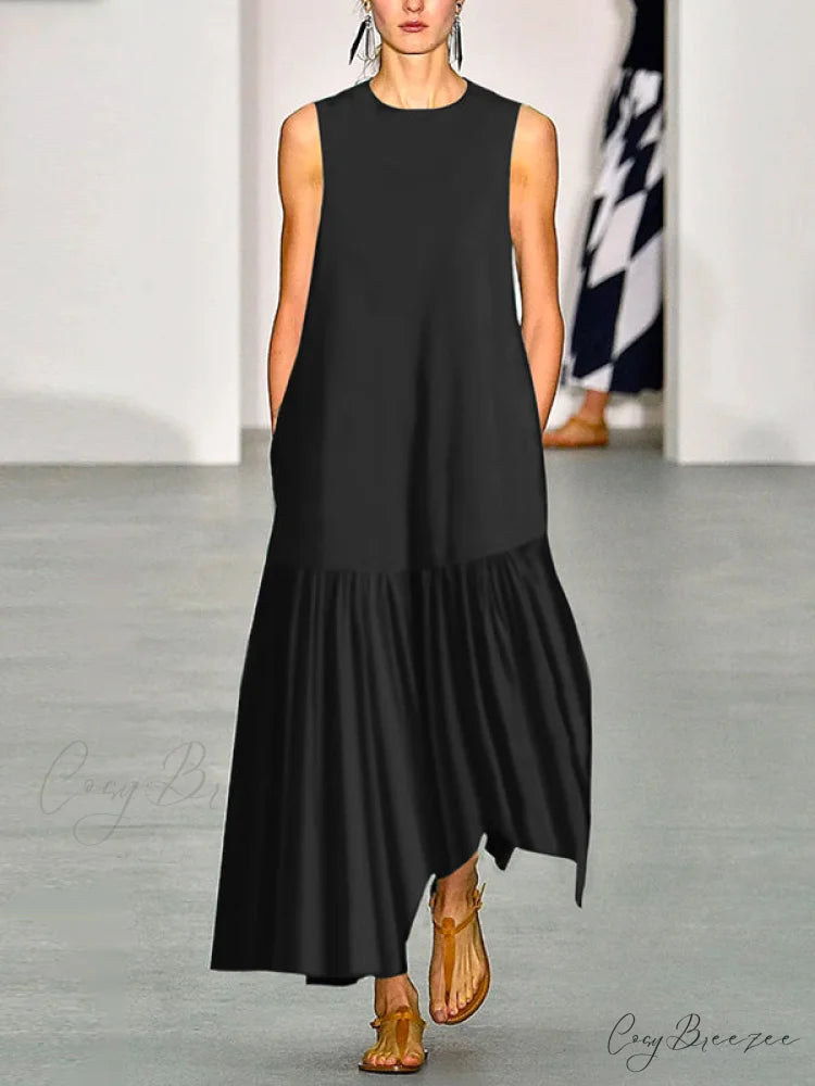 A-Line Long Sleeves Pleated Solid Classic Color Lapel Collar Midi Dresses BLACK / S