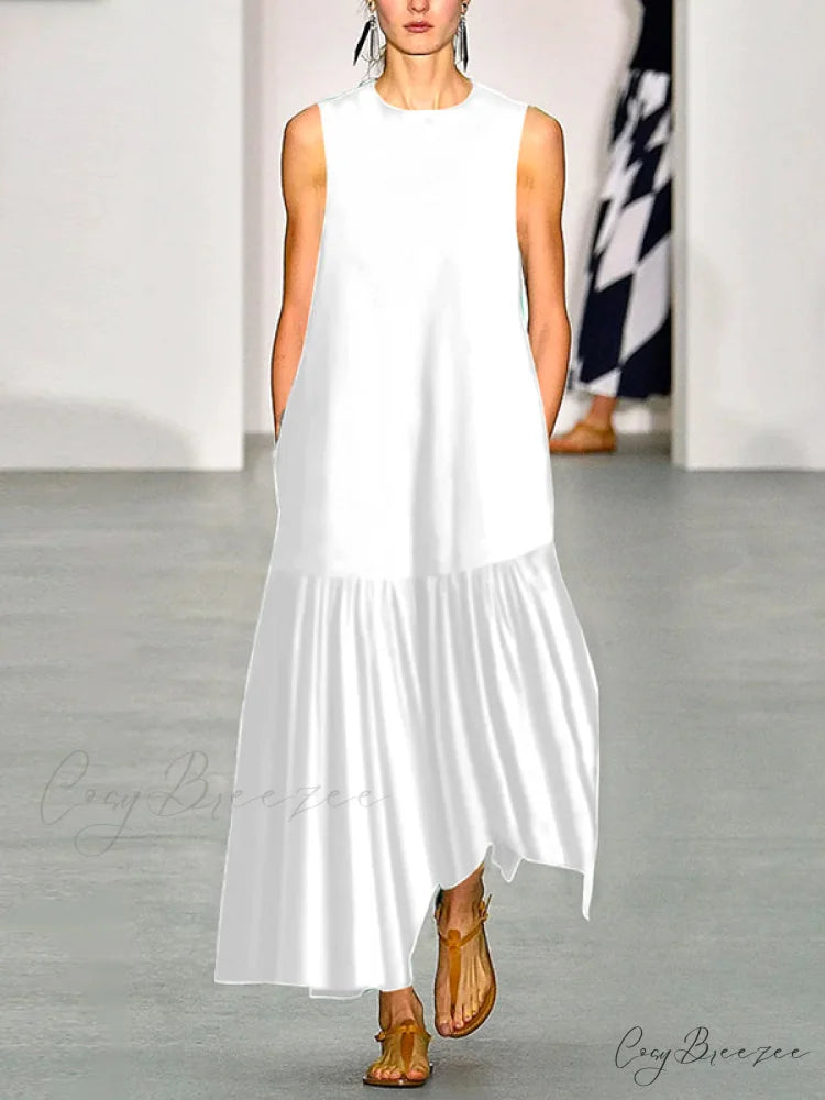 A-Line Long Sleeves Pleated Solid Classic Color Lapel Collar Midi Dresses WHITE / S