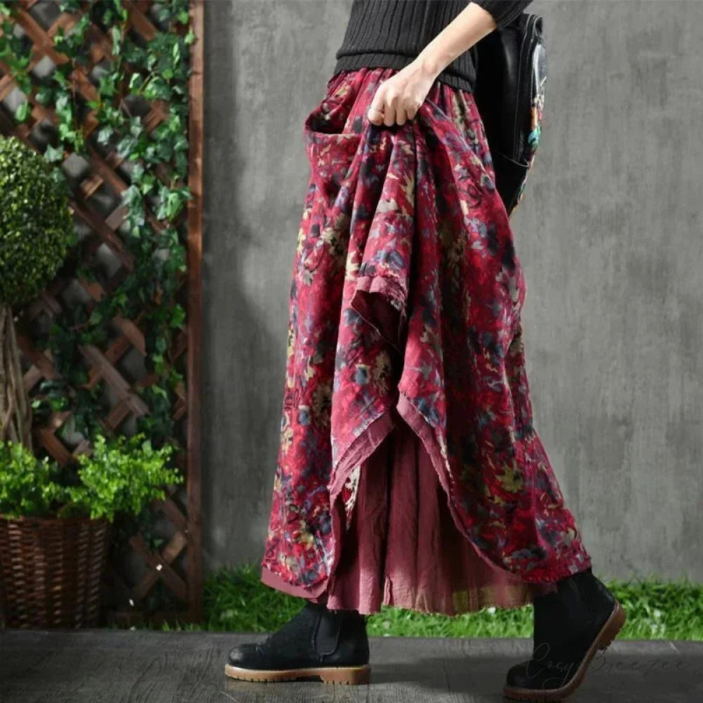 A-Line Pleated Autumn Floral Long Skirt with Pockets skirt-250126